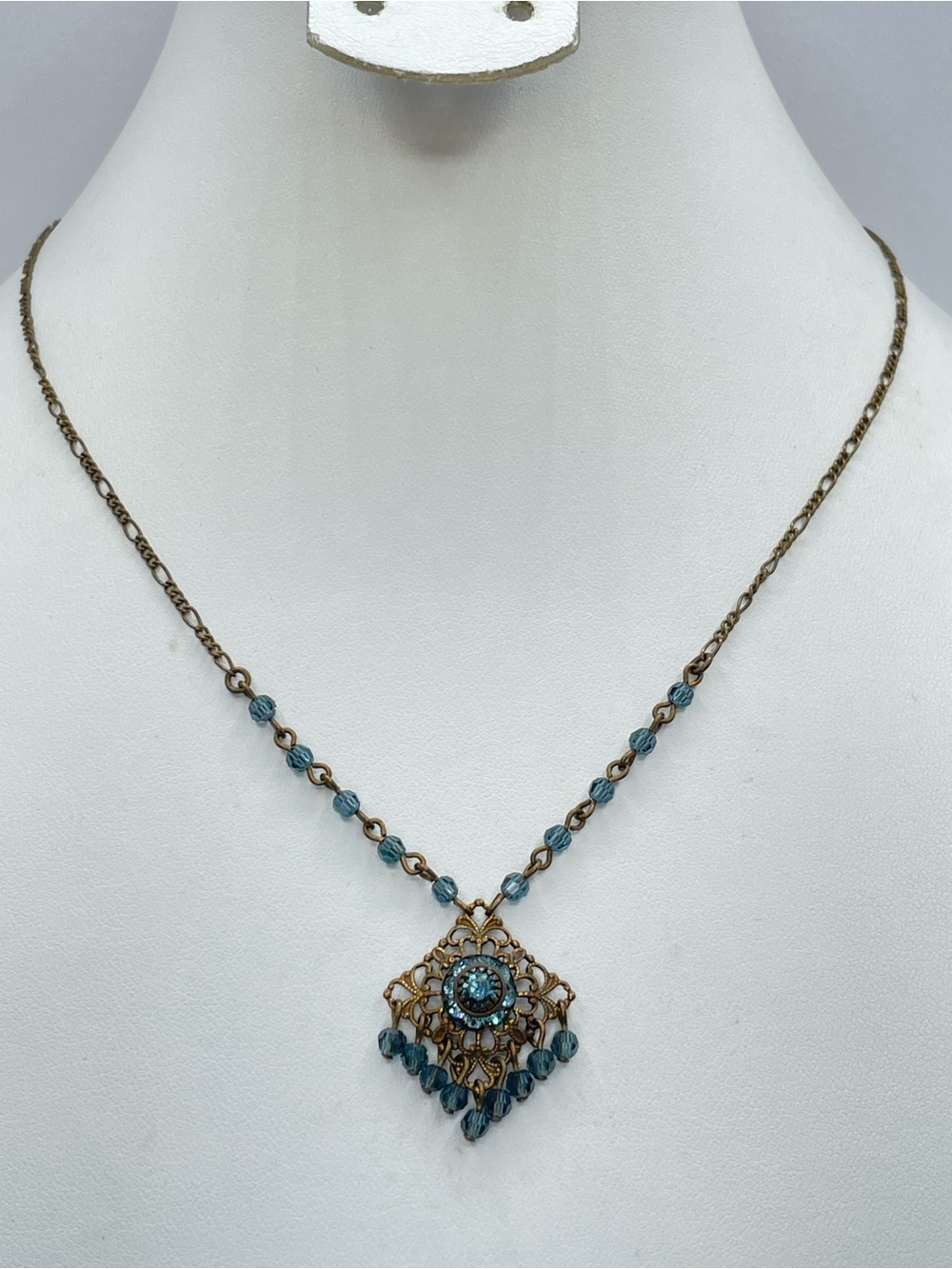 Vintage Liz Palacios Blue Crystal Art Deco Antique Gold Statement Necklace